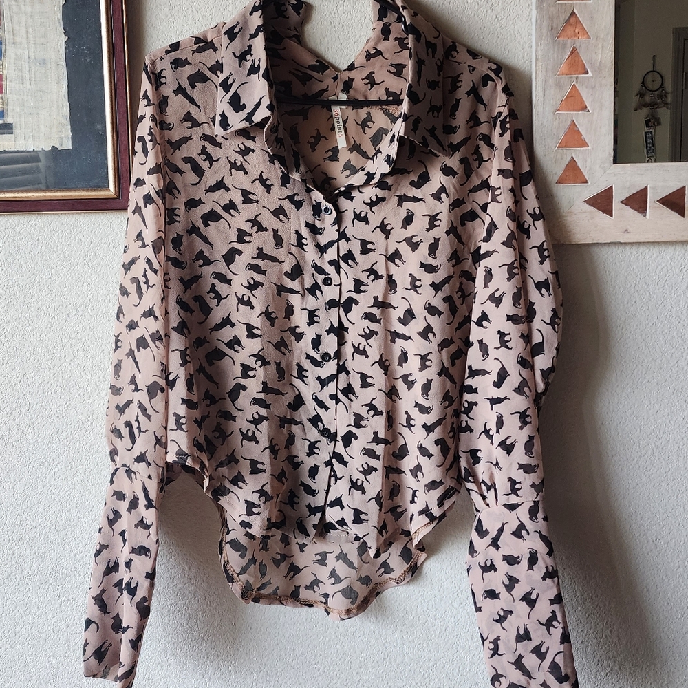 Cat Print Sheer Long Sleeve Button Down
